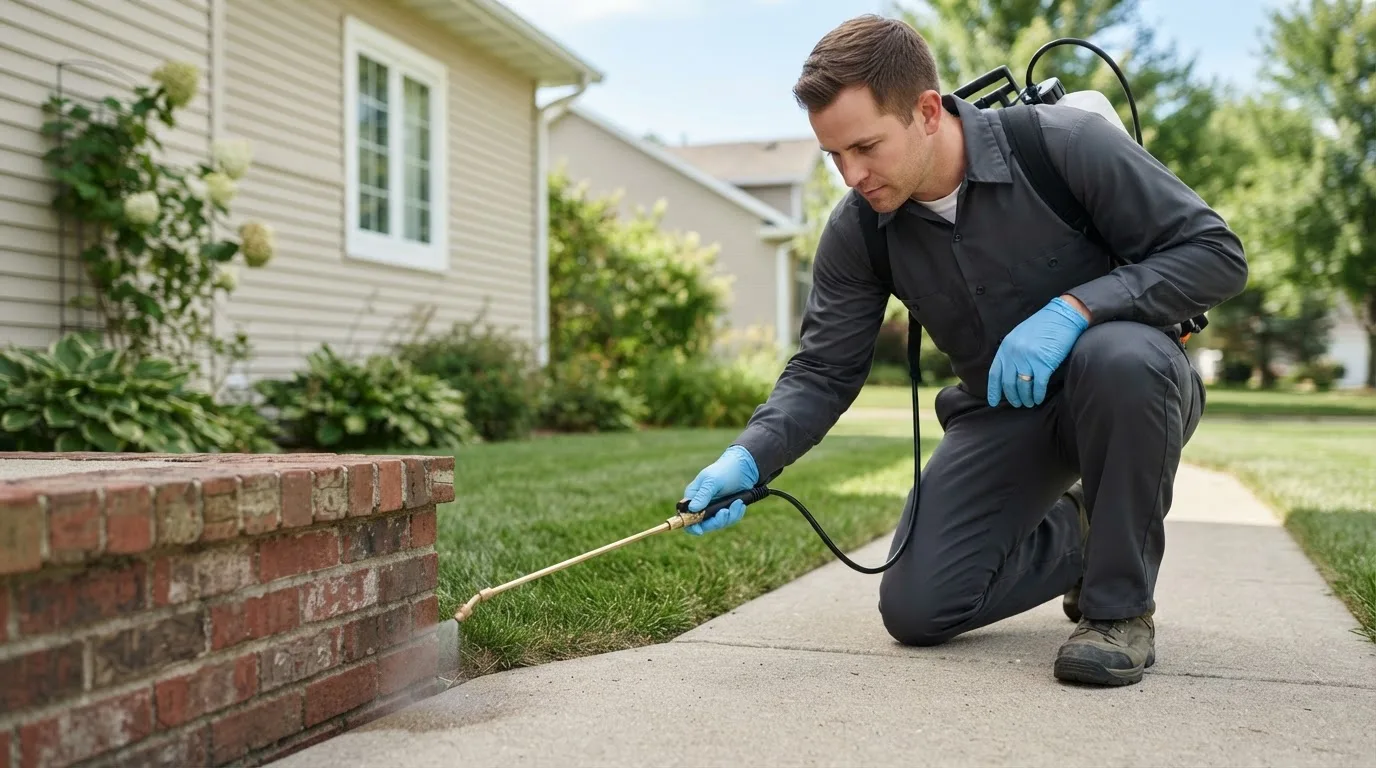 Pest control technician treating a home near East Barre, VT